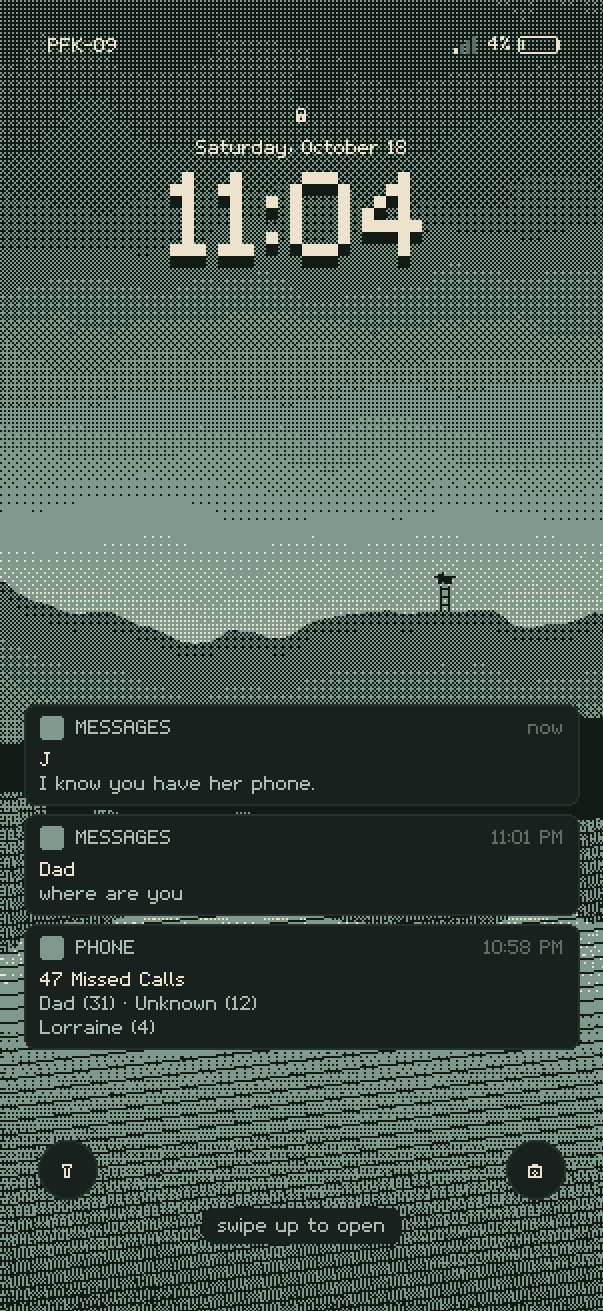 Della's lock screen: 4% battery, 47 missed calls, a message from J